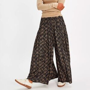 Free People Wide-Leg Pants | Black Patterned Pants | Bohemian Palazzo Pants